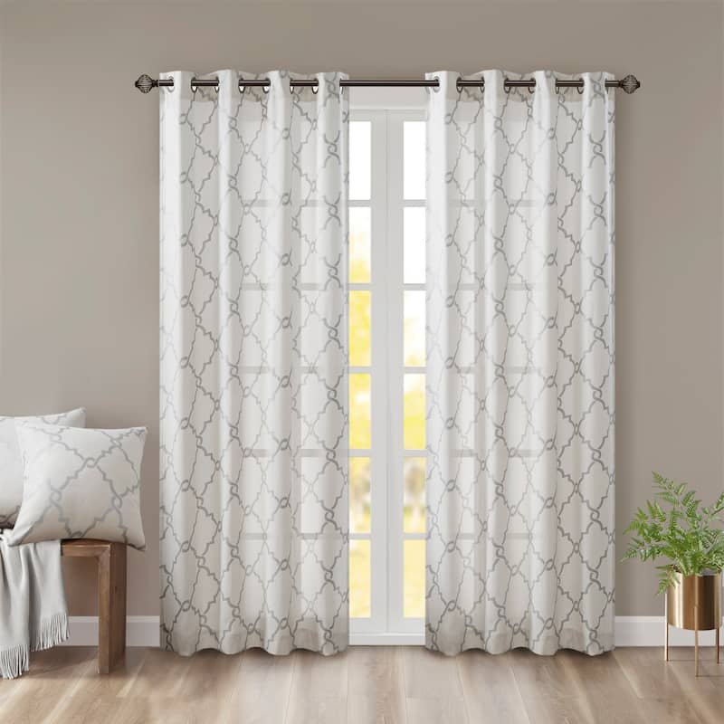 Madison Park Westmont Fretwork Print Grommet Top Window Single Curtain Panel - 50"W x 63"L - Ivory/Grey