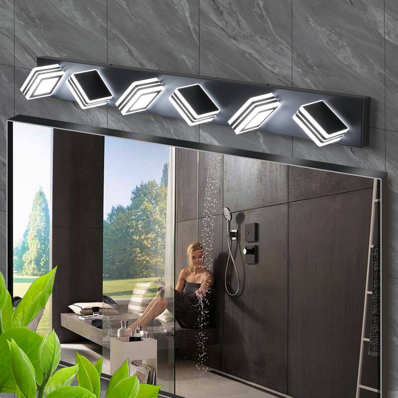 40" Modern 6-Light LED Vanity Light - Sleek Bathroom Wall Fixture, Iron & Acrylic, Dimmable & Energy-Efficient - Black