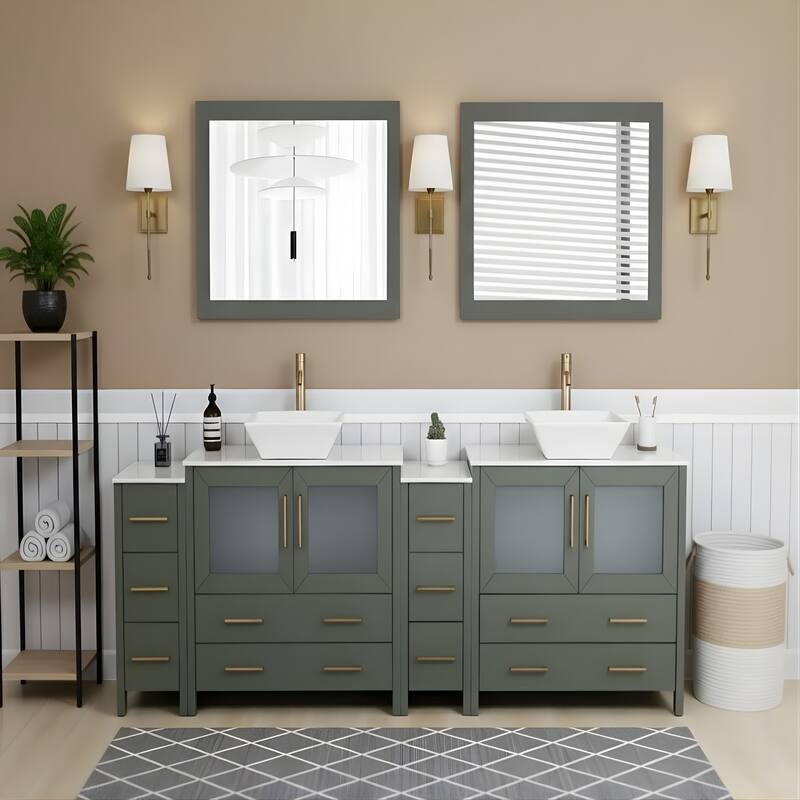 Vanity Art 96" Double Sink Bathroom Vanity Set with Engineered Marble Top and Free Mirror - Vintage Green