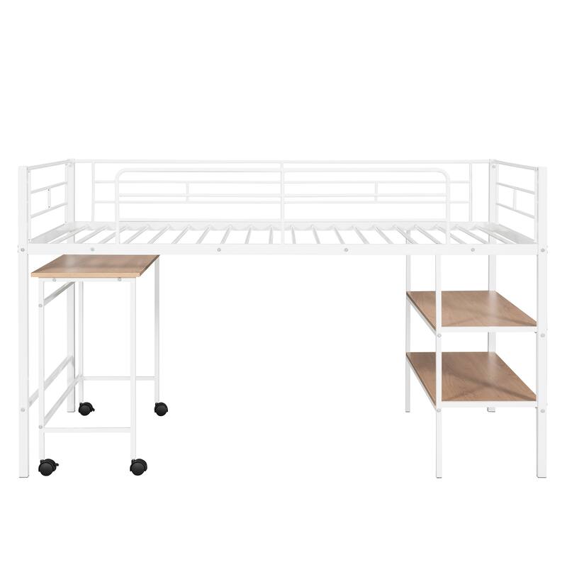 Twin Metal Loft Bed with Desk & Shelves
