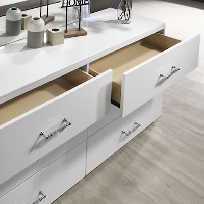 Modern White 61.5-inch Width Simple Design Six Drawers Nightstand with Acrylic Drawer Handles