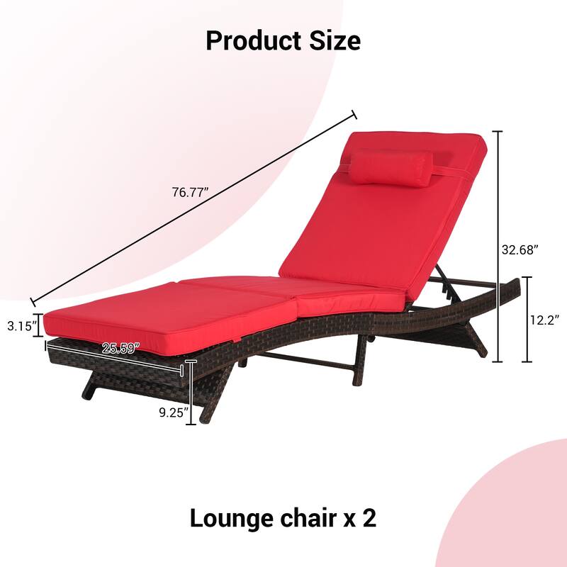 Adjustable Wicker Lounge Chair Set of 2 - Reclining Sunbathing Chairs with Cushions, All-Weather PE Rattan for Patio & Garden