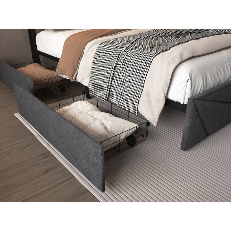 Smart LED Upholstered Bed with 4 Drawers, Storage Headboard Built-in Charging Station No Box Spring Needed Metal Slat Support
