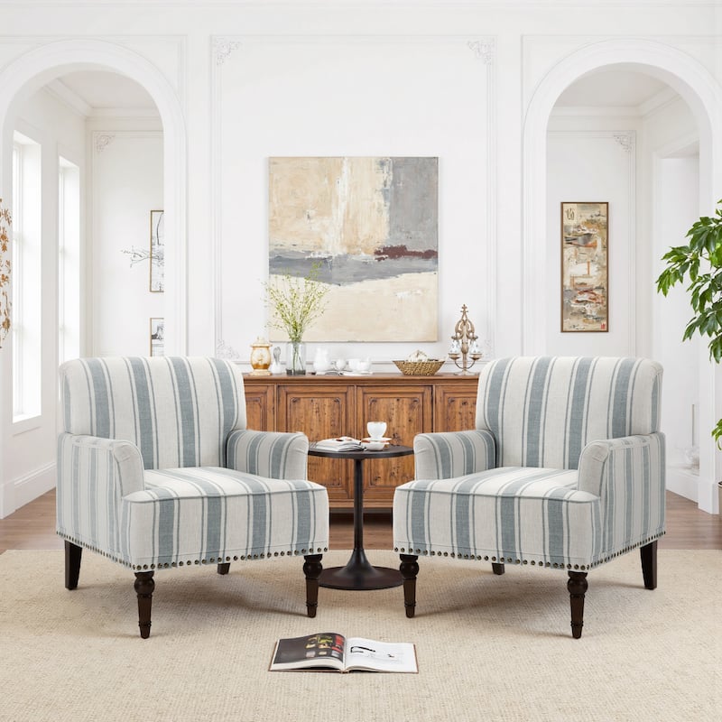 Set 2 Striped Upholstered Linen Armchair with Brass Nailhead Trim