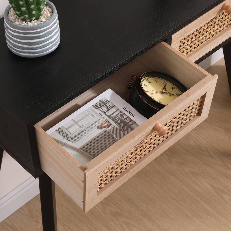 Side table with two real rattan drawers, solid wood table legs,can be used in the dining room, living room,bedroom,entrance