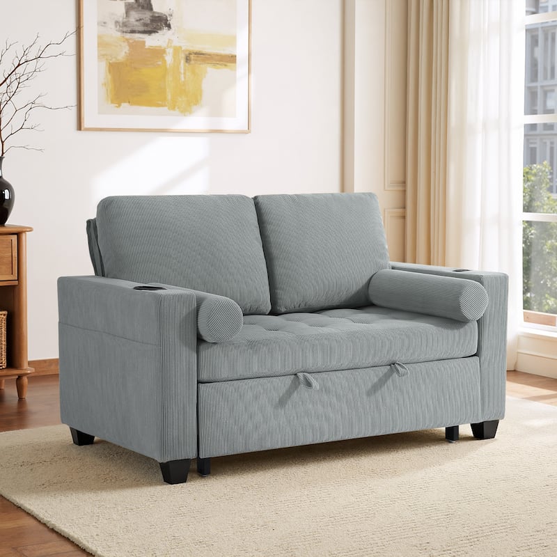 Corduroy Convertible Loveseat Sofa Bed Recliner with Cup Holder, USB Ports & Storage - Light Grey