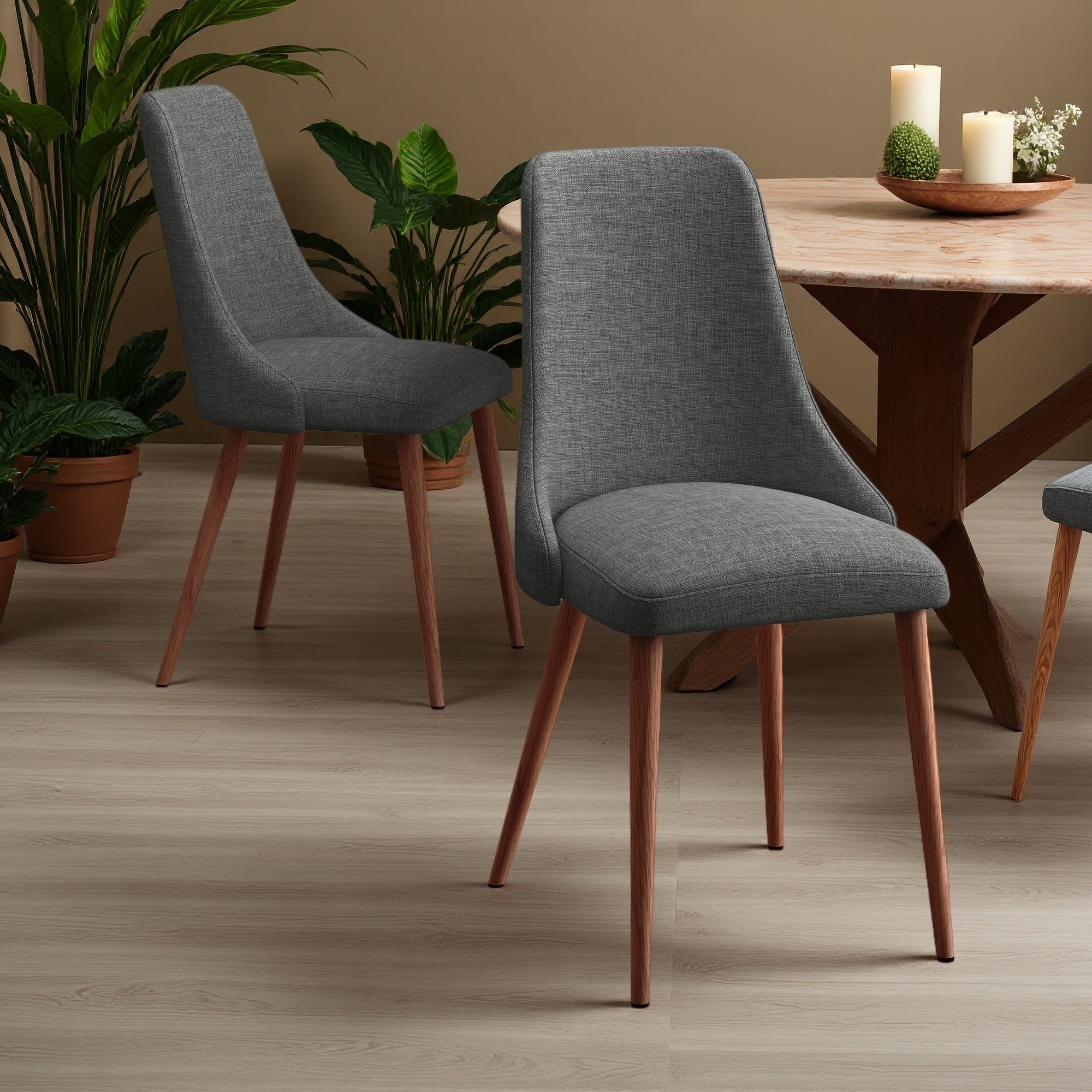 35.5"H Set of 2 Mid-Century Modern 100% Polyester Fabric Armless Dining Chair with Curved Back & Wood-Look Tapered Legs