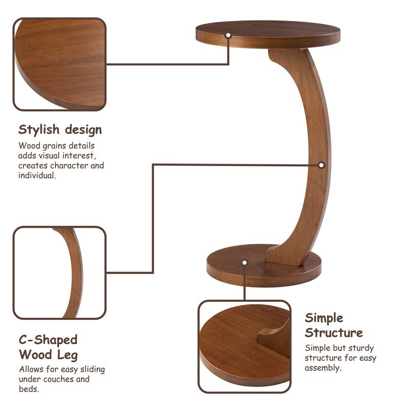 COZAYH C Shaped Round End Table for Couch Small Place, Space Saver Side Table for Sofa, Living Room, Bedside Area, Walnut