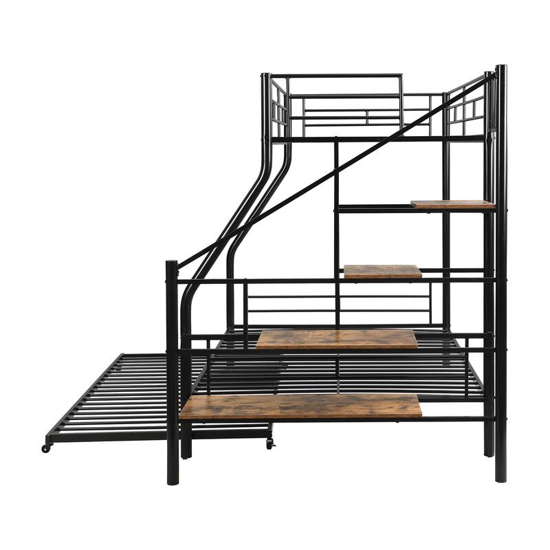 Twin over Full Metal Bunk Bed with Trundle, Storage Stairs, Black