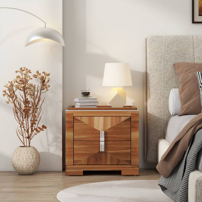 Mid-Century Modern Nightstand for Bedroom, 2 Drawers Sofa Side Table, Wooden Diamond Shaped Bedside Table