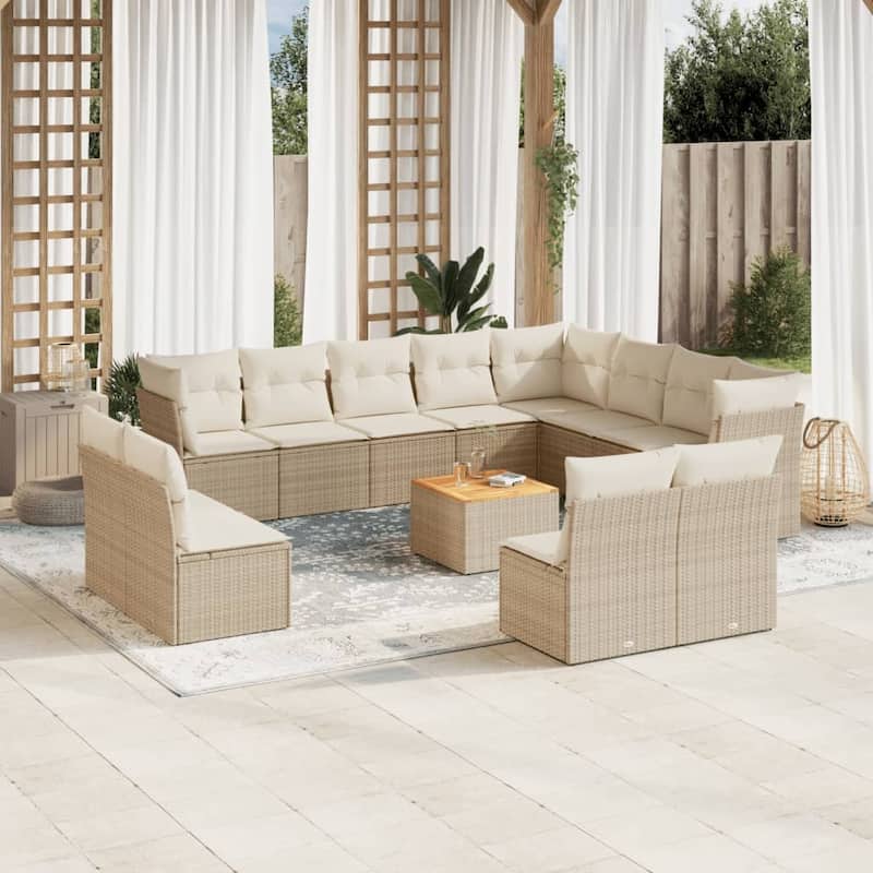vidaXL Patio Sofa Set with Cushions Outdoor Furniture 13 Piece Poly Rattan - 24.4 x 24.4 x 27.2 - Beige and Cream