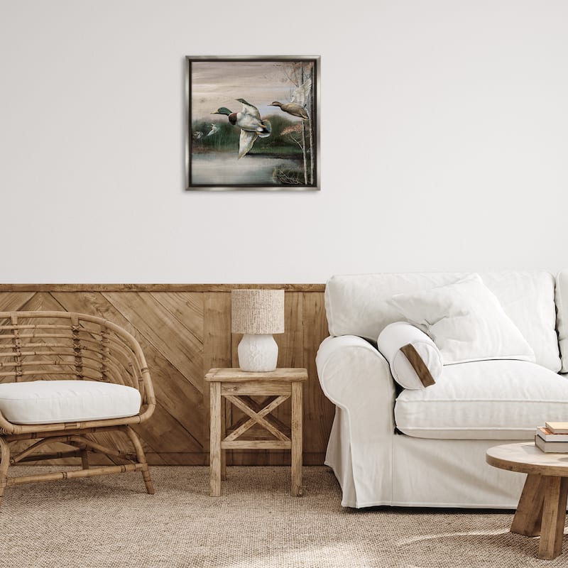 Stupell Flying Ducks in Rustic Nature Framed Floater Canvas Wall Art Design By Ruane Manning