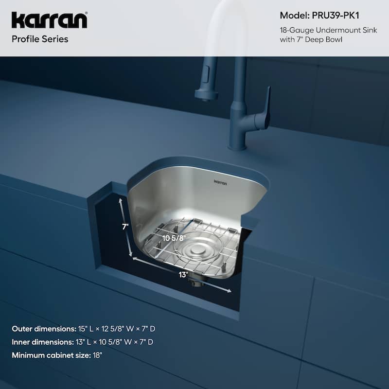 Karran Profile 15” Undermount 18 Gauge Single Bowl Stainless Steel Kitchen Sink with Accessories