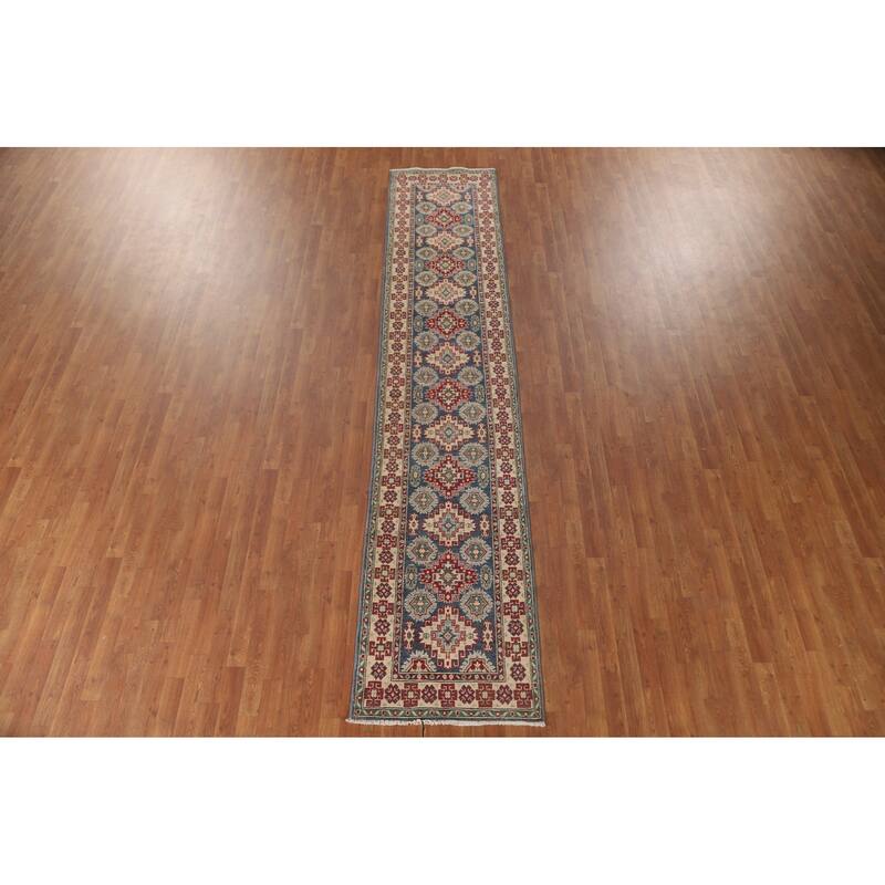 Geometric Kazak Runner Rug Hand-Knotted Blue Wool Carpet - 2'6" x 12'8"