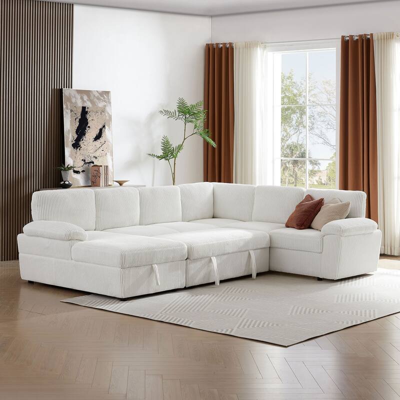 Oversized Modular Storage Corduroy Sectional Sofa Couch, White, Convertible Sleeper Sofabed
