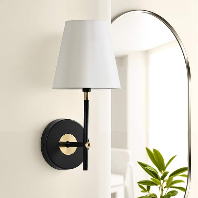 CO-Z 1-Light Plug-In/Hardwired Wall Lamp Bathroom Vanity Light with White Fabric Shade - Matte Black