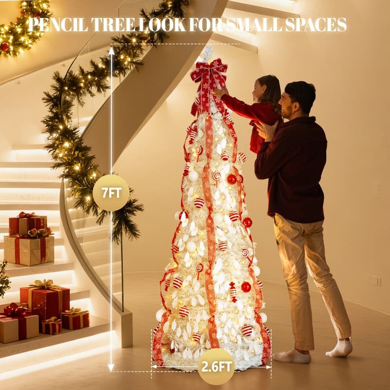 7 FT Fully Decorated Pre-lit Christmas Tree, Pop Up Artificial Xmas Tree for Home Office Store Holiday Deco