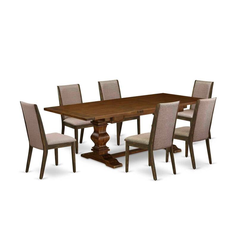 French Country Dinette Set - 7 Piece Dining Set with Chairs - Linen Fabric - Antique Walnut & Distressed Finish - 92