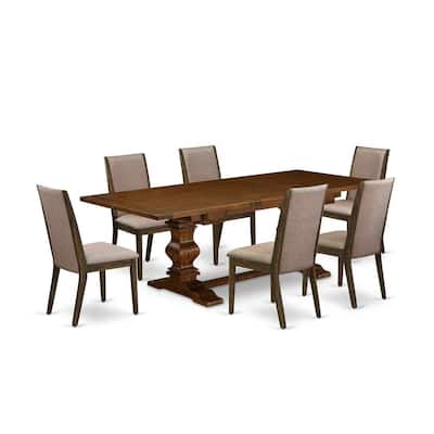 French Country Dinette Set - 7 Piece Dining Set with Chairs - Linen Fabric - Antique Walnut & Distressed Finish - 92