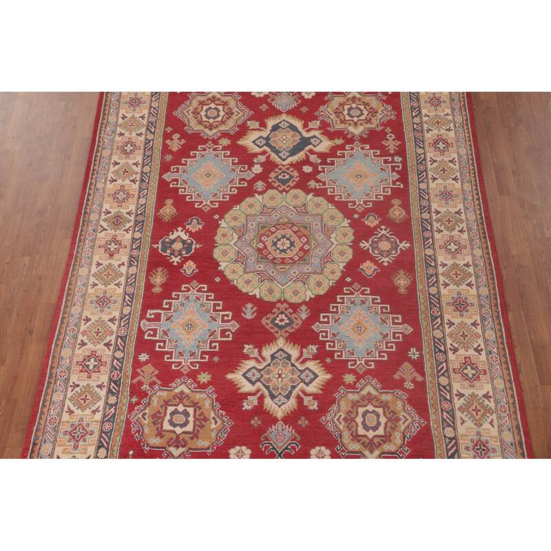 Red Geometric Kazak Oriental Area Rug Handmade Wool Carpet - 6'4" x 9'9"