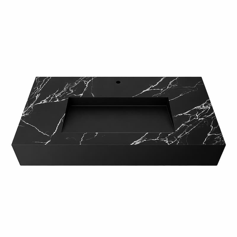 Pyramid Solid Surface Wall-Mounted Bathroom Sink - 36" - Black Marble
