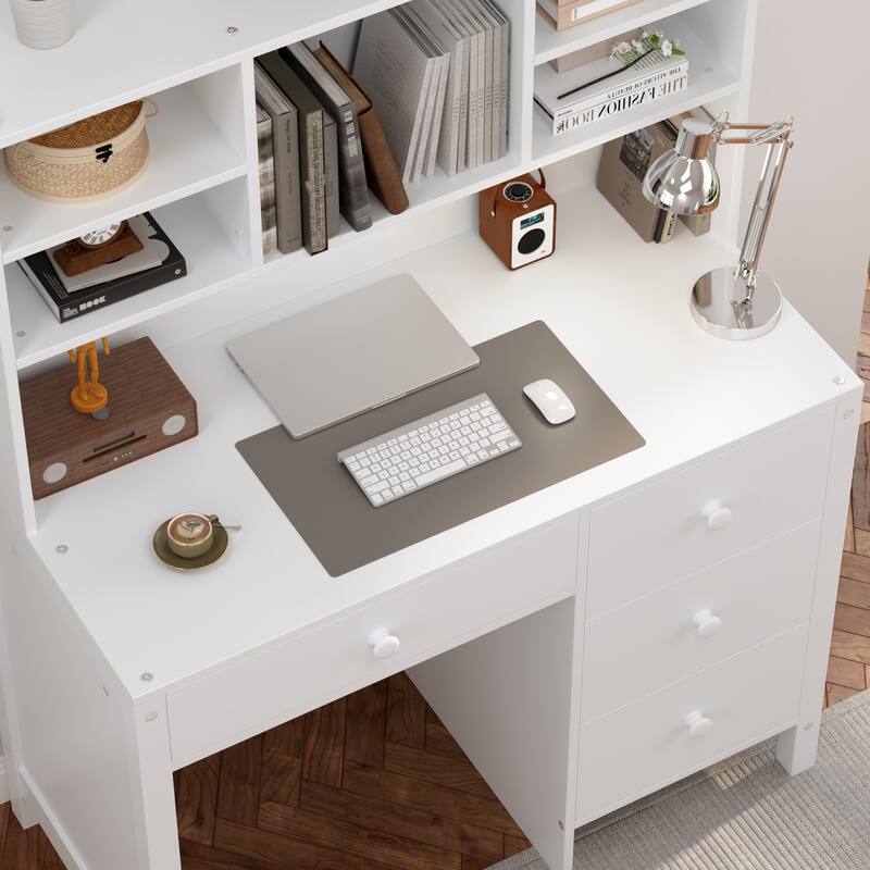 Computer Desk Set with 4 Drawers, Storage Shelf and Chair Writing Desk