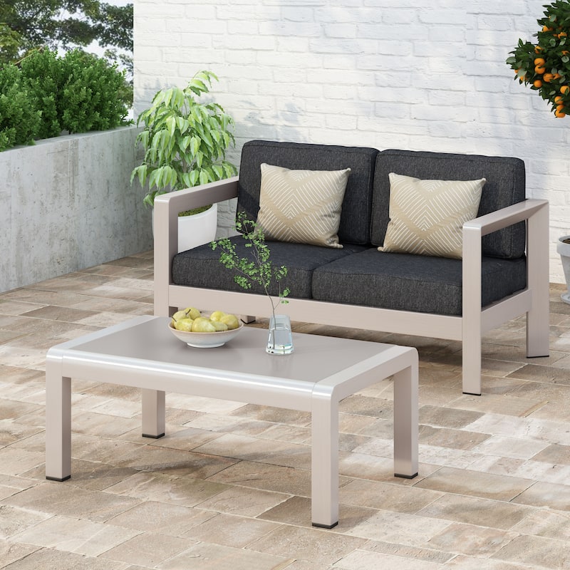 Aviara Aluminum Loveseat and Coffee Table by Christopher Knight Home - silver + gray cushion