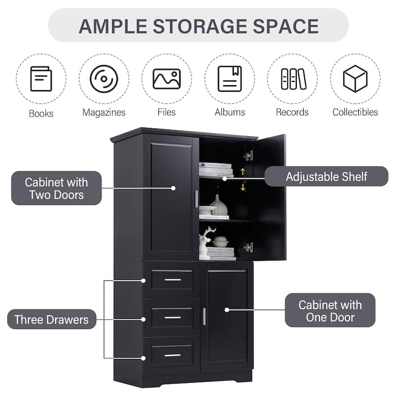 Roomfitters Tall and Wide Storage Cabinet with 3 Drawers and Doors for Bathroom or Office Freestanding Unit