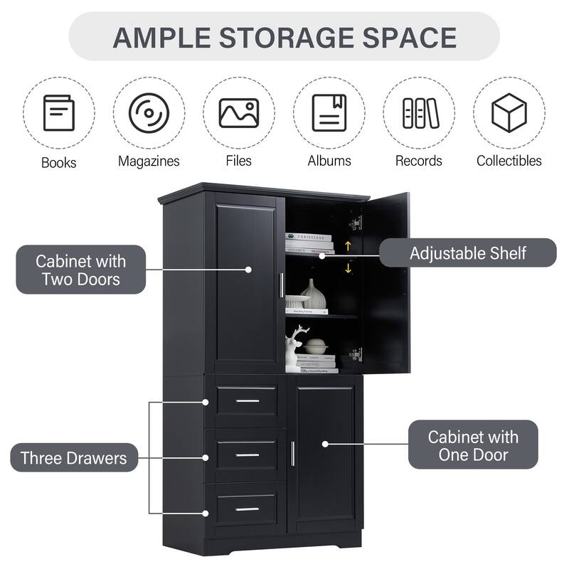 Tall and Wide Storage Cabinet with Doors for Bathroom/Office,Three Drawers - N/A