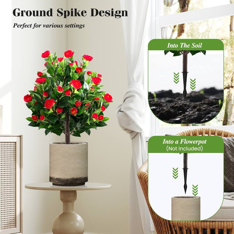 Gymax 2 Pack 31'' Artificial Camellia Tree Set w/Ground Spikes Floral