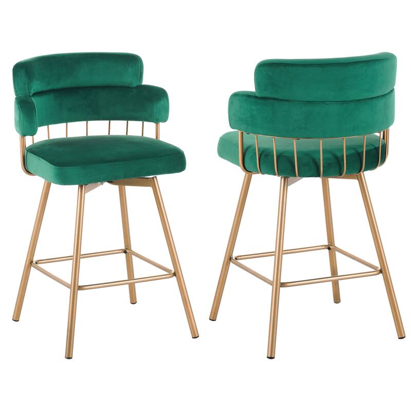 Roomfitters 26-Inch Swivel Counter Height Bar Stools Set of 2, Modern Industrial Upholstered Bucket Seat with Golden Legs, Green