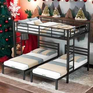Modern Style Full over Twin&Twin Size Bunk Bed with Built-in Shelf and Full-length Guardrail, Space-efficient