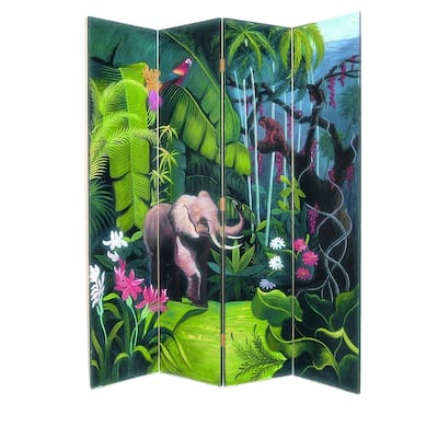 72 Inch Modern 4 Panel Folding Screen Divider, Jungle Design, Multicolor