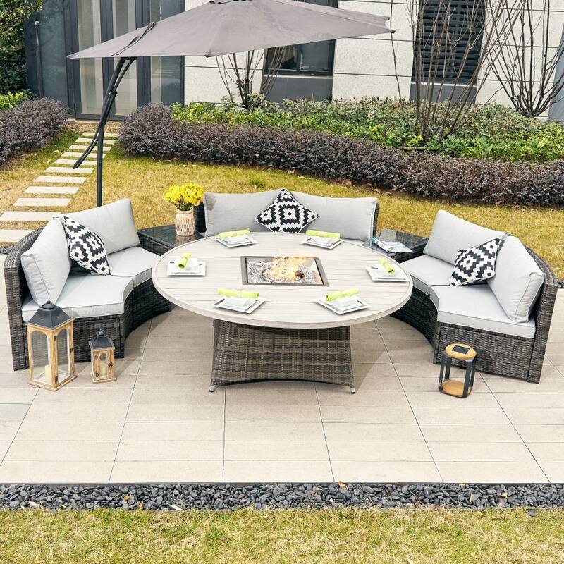 Modern 9-piece Patio Iron Wicker Conversation Sofa with Premium Aluminum Fire Pit Table - Grey