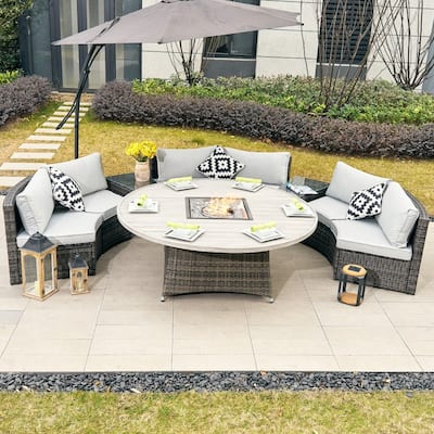 Modern 9-piece Patio Iron Wicker Conversation Sofa with Premium Aluminum Fire Pit Table