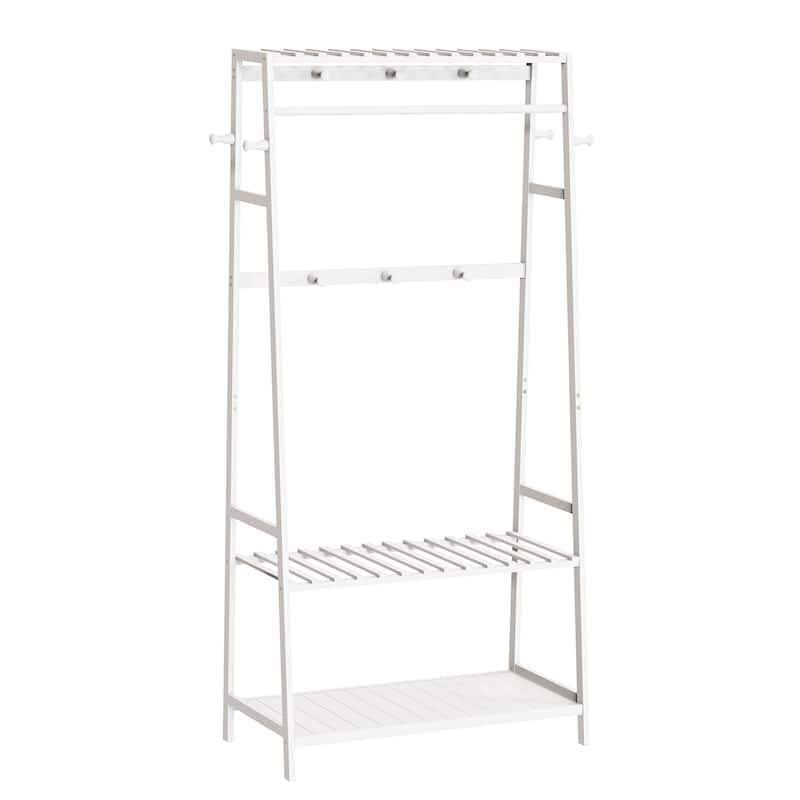 Bamboo Garment Rack 3 Tier Storage Shelves with Hanging Hooks