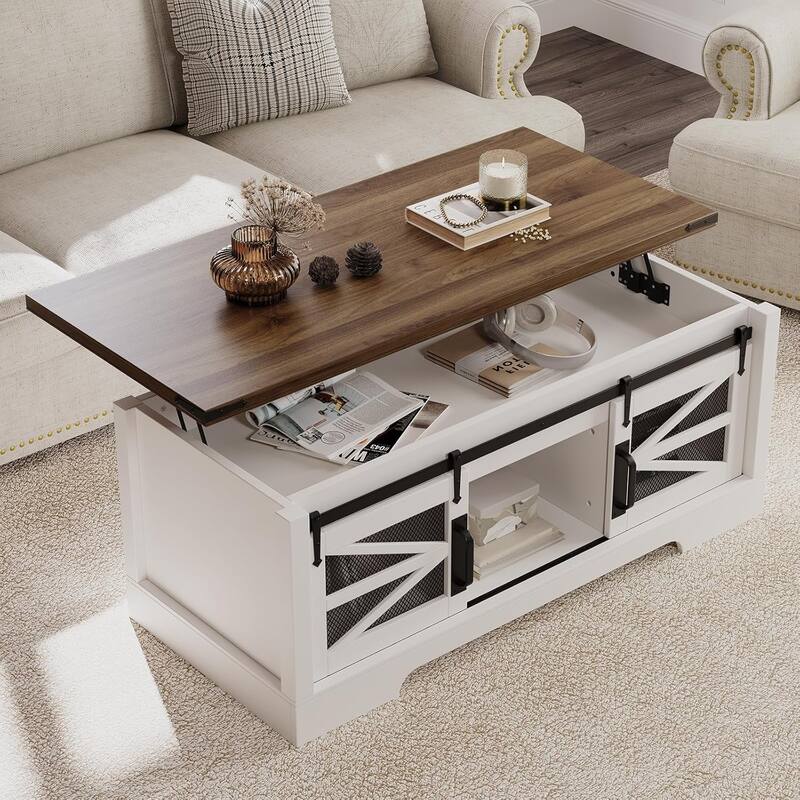 Lift Top Coffee Table Farmhouse Rustic Dining Table Hidden Storage - 47.2*21.7*24.7in - Brown Tabletop 