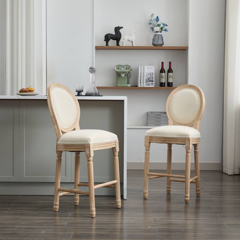 Classic French Country Solid Wood Bar Chairs Set of 2, with Upholstered Seat and Sponge Backrest - Set of 2 - Beige