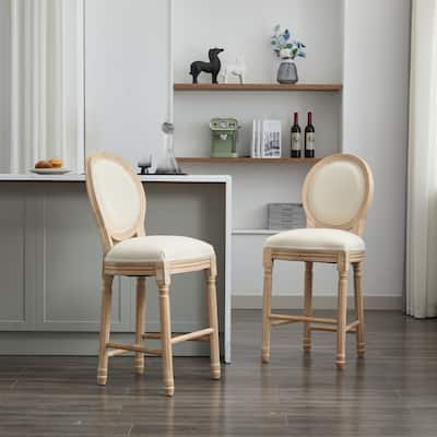 Classic French Country Solid Wood Bar Chairs Set of 2, with Upholstered Seat and Sponge Backrest