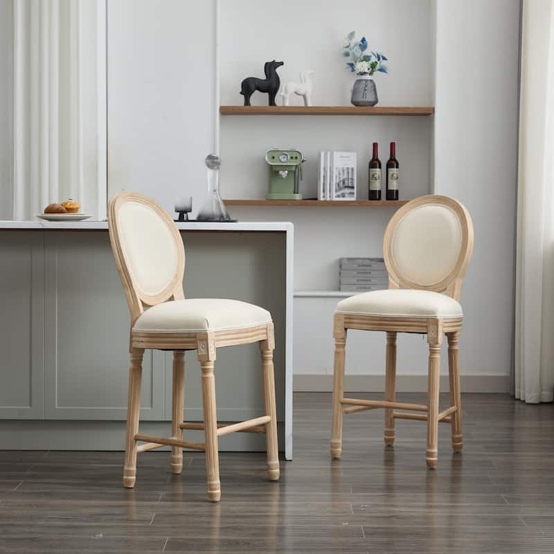 Solid Wood Bar stools Set of 2, Classic French Country Wooden Barstools with Upholstered Seating - Beige