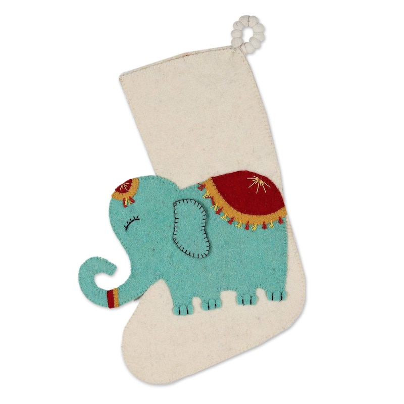 Novica Handmade Festive Elephant In Ivory Wool Christmas Stocking