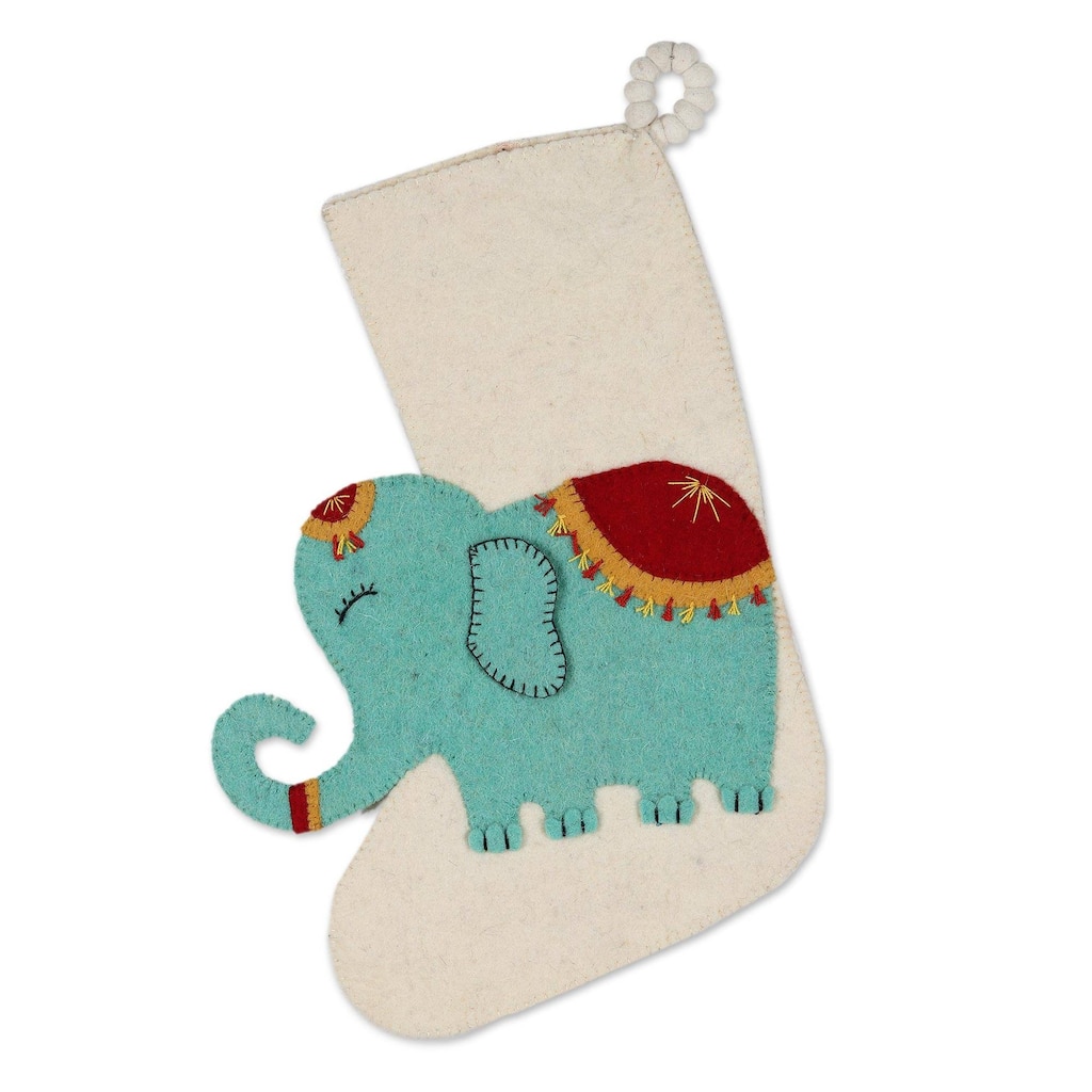Novica Handmade Festive Elephant In Ivory Wool Christmas Stocking