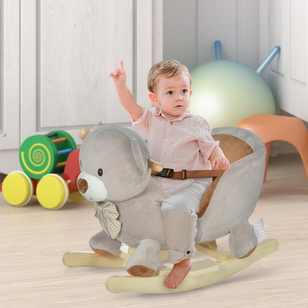 slide 2 of 9, Qaba Kids Rocking Horse, Bear-Shaped Plush Toddler Ride on Horse with Sound, Wooden Base & Safety Belt for 18-36 Months, Gray grey