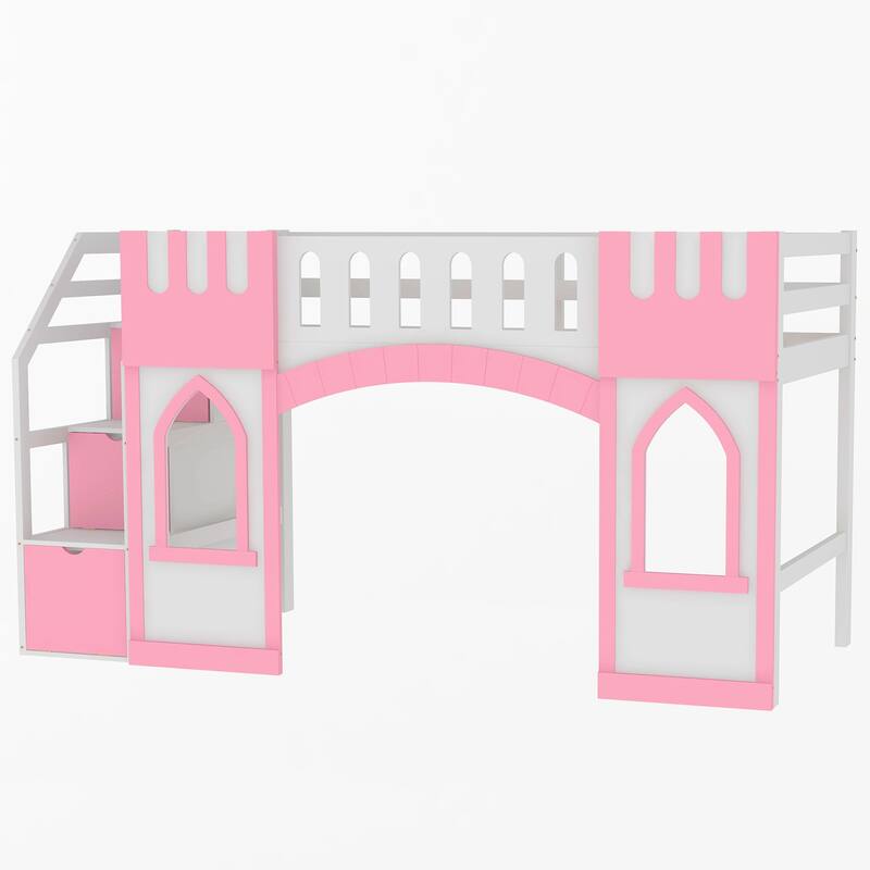 Pink Solid Wood Loft Bed with Storage Staircase and Window for Kids, Boys and Girls