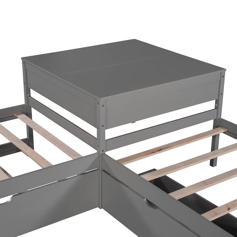 Twin Size Platform Bed with Built-in Desk and Drawers Linked, L-Shaped Trundle, Wooden Support Bed Frame No Box Spring Needed