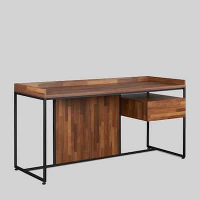 62" Walnut Writing Desk with 1 Drawer, Rectangular Surface, and Sandy Black Sled Base
