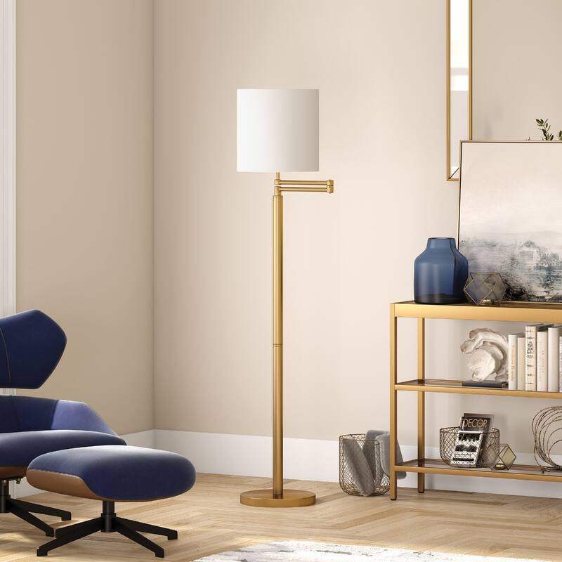 Metal Swing Arm Floor Lamp with Linen Drum Shade and Frosted Glass Rotary Socket Switch - 12” x 23” x 62” (D x W x H)