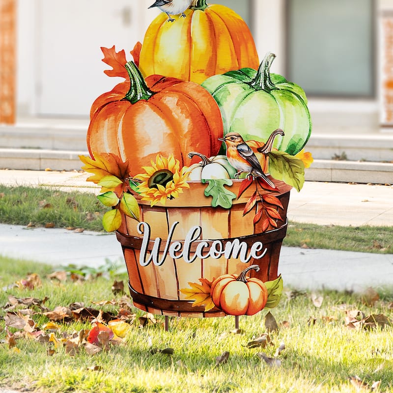 Glitzhome 30"H Fall Metal Wheelbarrow Pumpkin Welcome Barrel Yard Stake Thanksgiving Decor