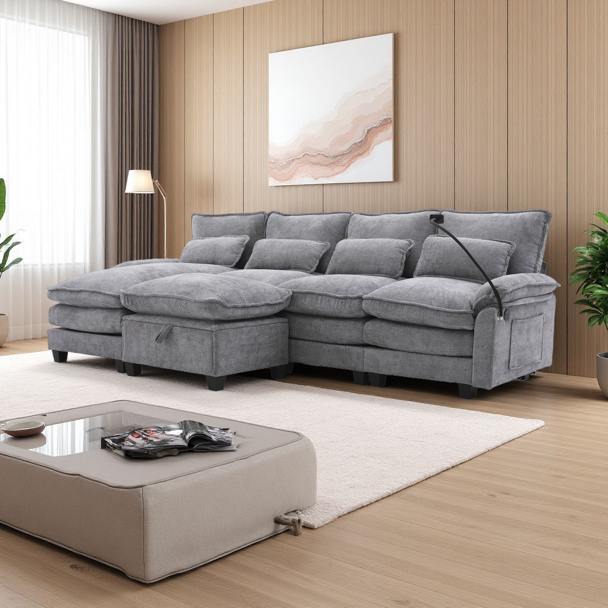 106.69" Chenille U-Shaped Sectional Sofa with Chaise & USB
