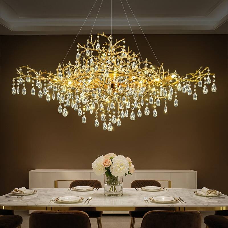 12-Lights Silver Luxury Crystal Linear Chandelier, Modern Tree Branch Ceiling Pendant Light for Dinning Room,Living Room - Gold